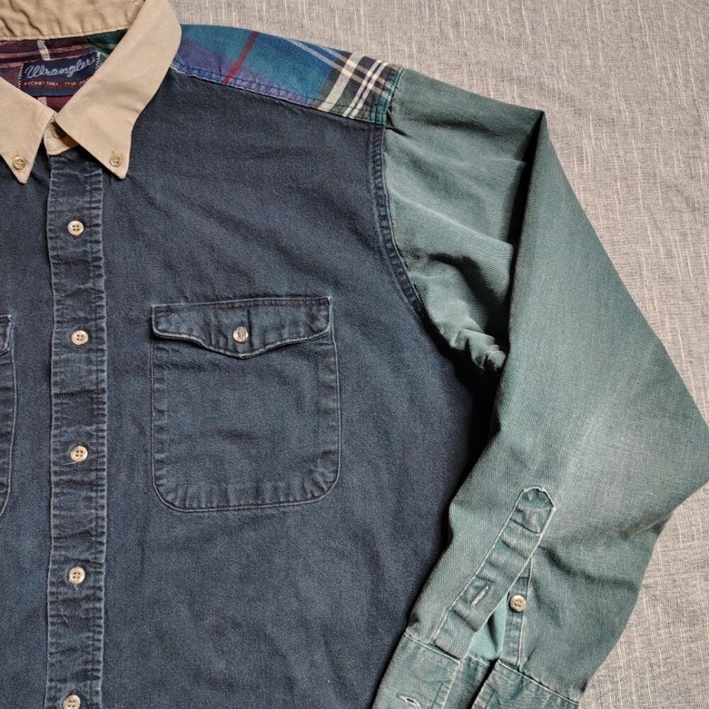 Vintage Wrangler Shirt Mens Long Tail Western Pearl Snap Brushpopper Patchwork - Picture 10 of 13